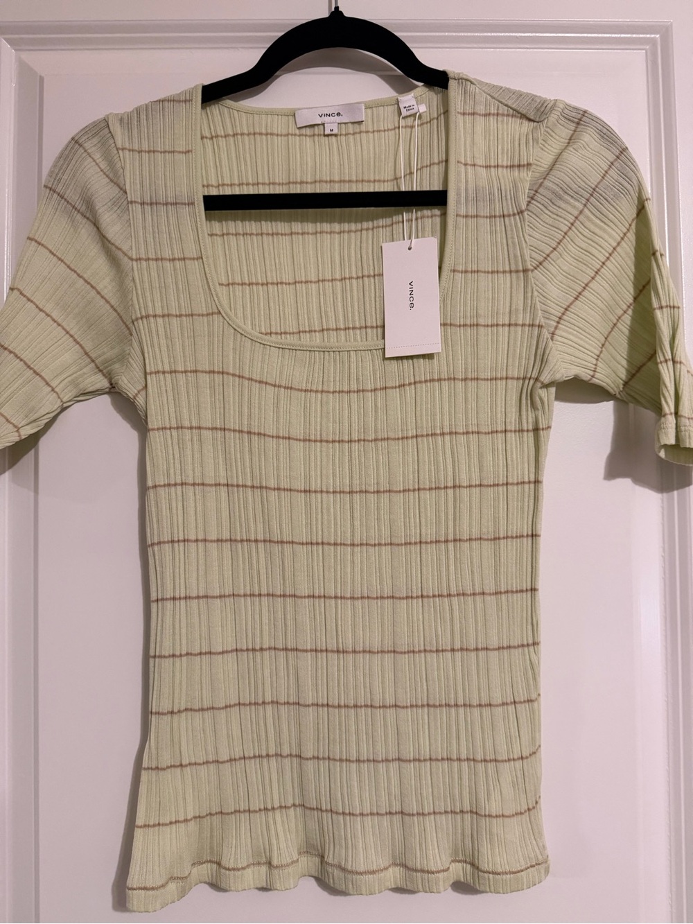 Vince Pale Green Ribbed Short Sleeve Top with Brown Stripes